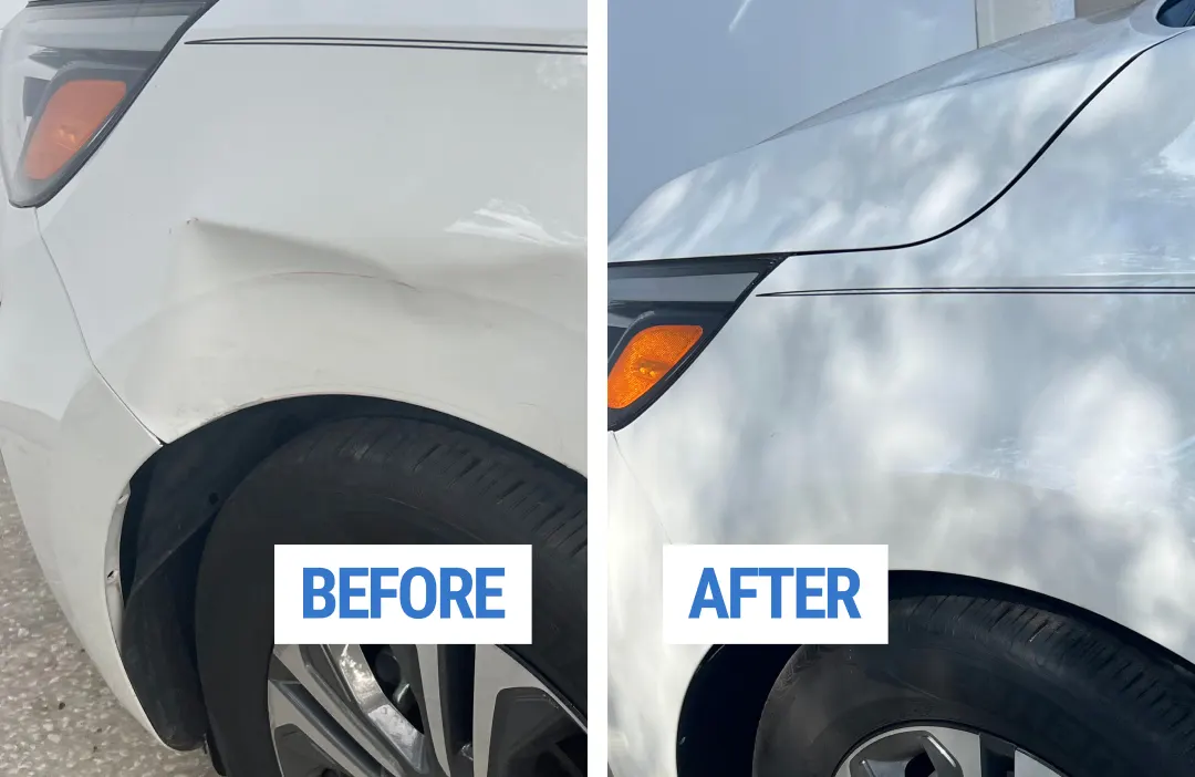Technician performing paintless dent repair on a vehicle panel in Wesley Chapel, Florida